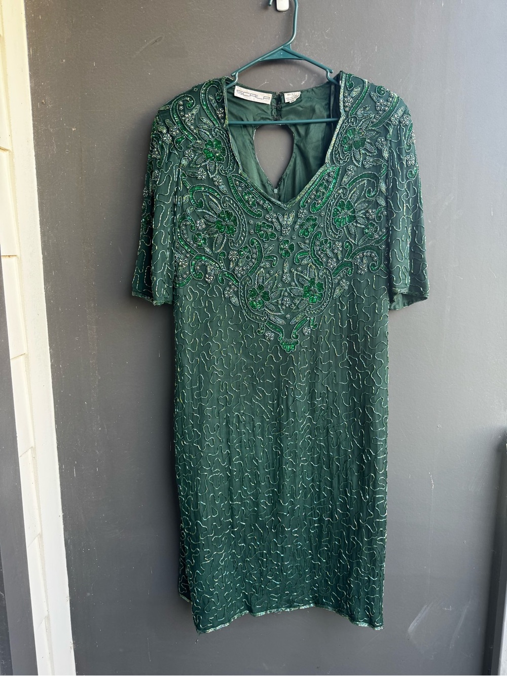 Vintage Scala emerald green short-sleeve silk cocktail dress